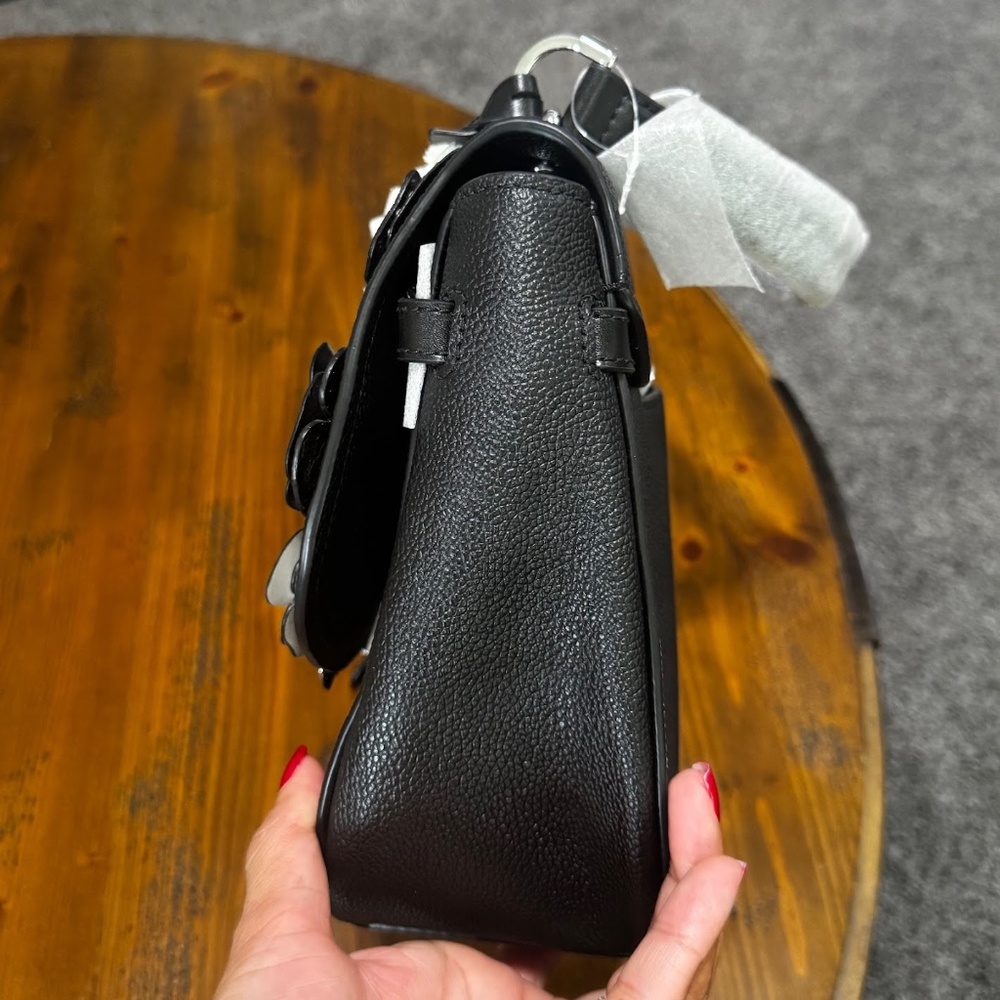 Michael Kors Cassie Floral Applique Black Leather Large Satchel Crossbody Bag - Picture 3 of 10